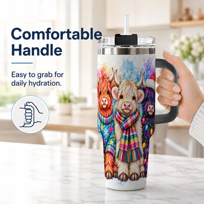 #pl[40oz|Black] Colorful Highland Cow 40oz Tumbler with Handle, Christmas Theme