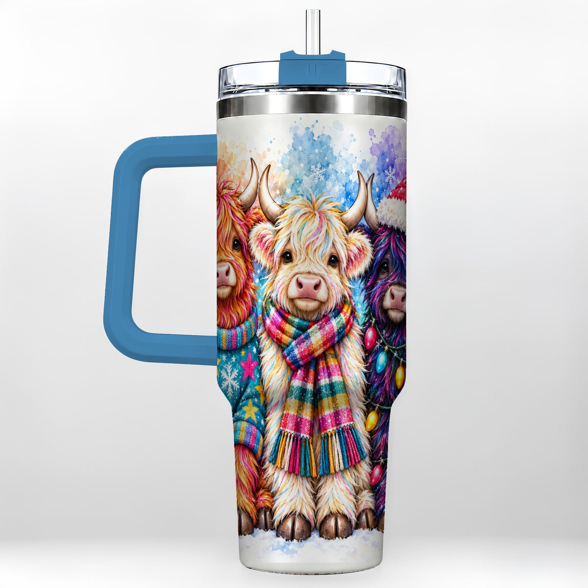 #pl[40oz|Blue] Colorful Highland Cow 40oz Tumbler with Handle, Christmas Theme