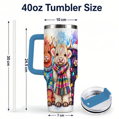 #pl[40oz|Blue] Colorful Highland Cow 40oz Tumbler with Handle, Christmas Theme