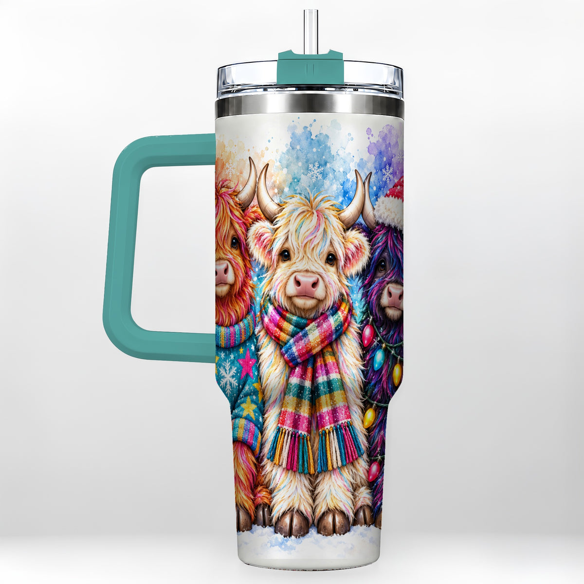 #pl[40oz|Green] Colorful Highland Cow 40oz Tumbler with Handle, Christmas Theme