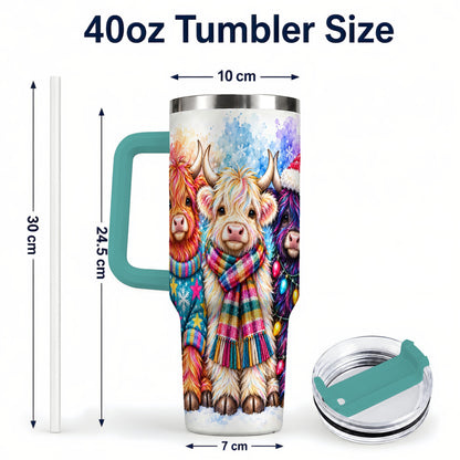 #pl[40oz|Green] Colorful Highland Cow 40oz Tumbler with Handle, Christmas Theme