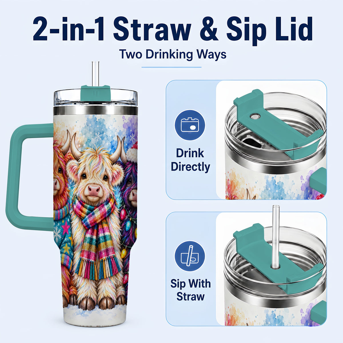 #pl[40oz|Green] Colorful Highland Cow 40oz Tumbler with Handle, Christmas Theme