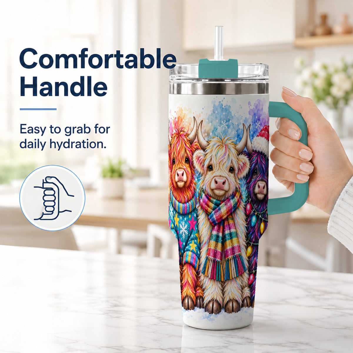#pl[40oz|Green] Colorful Highland Cow 40oz Tumbler with Handle, Christmas Theme