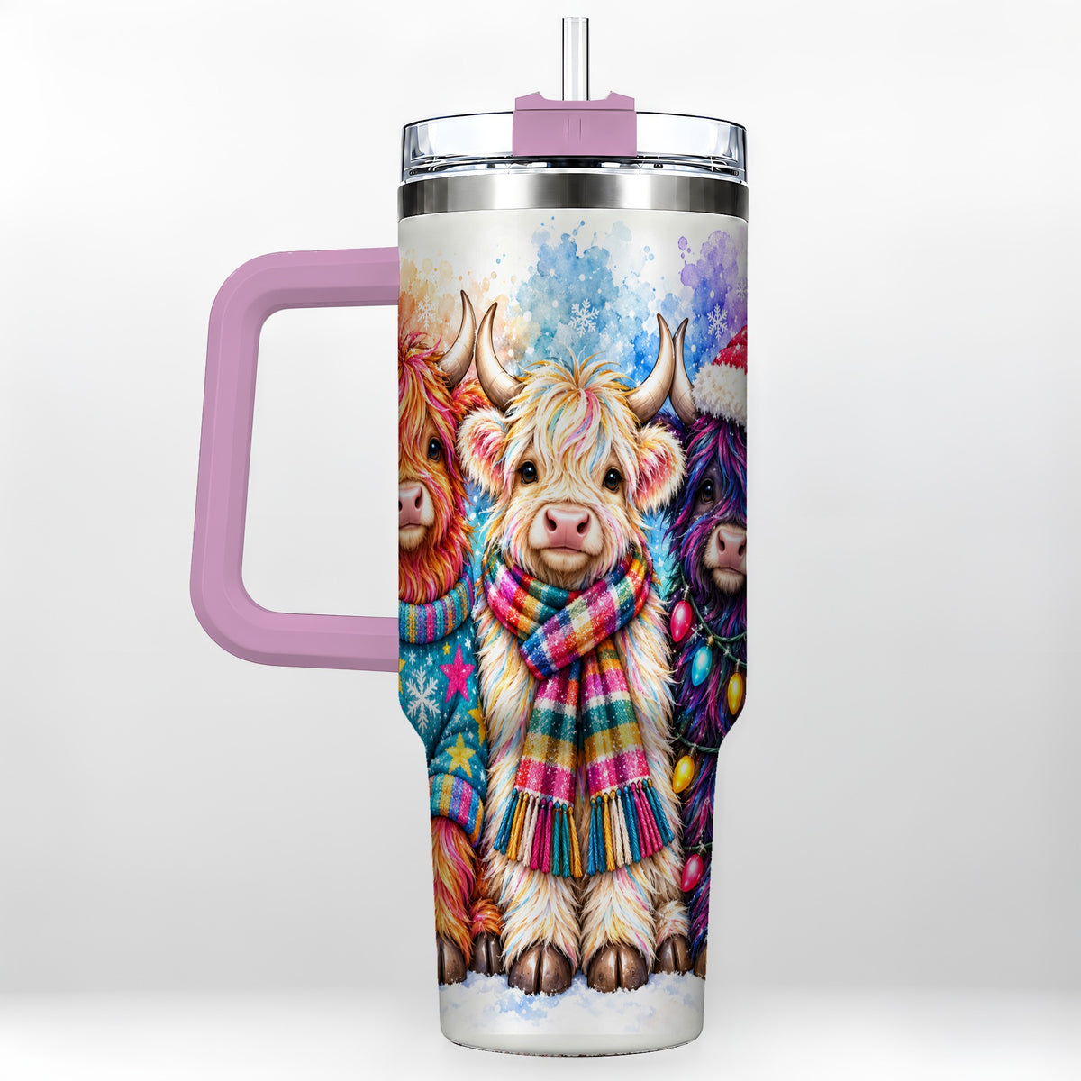 #pl[40oz|Pink] Colorful Highland Cow 40oz Tumbler with Handle, Christmas Theme