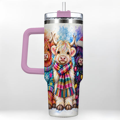 #pl[40oz|Pink] Colorful Highland Cow 40oz Tumbler with Handle, Christmas Theme