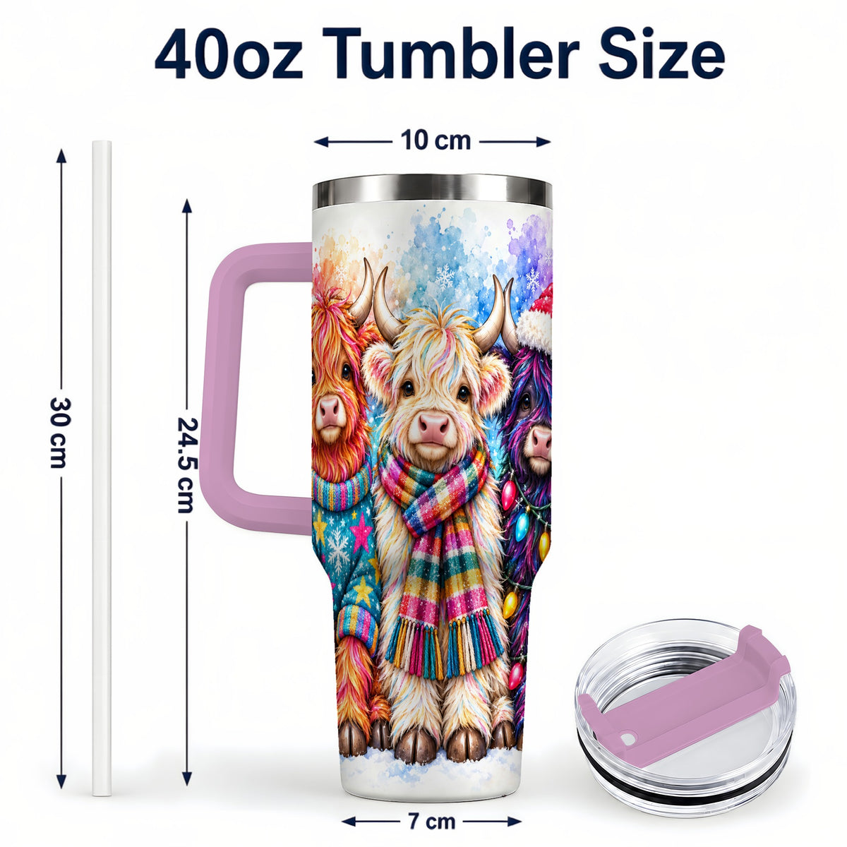 #pl[40oz|Pink] Colorful Highland Cow 40oz Tumbler with Handle, Christmas Theme