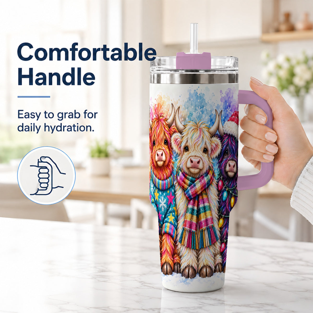 #pl[40oz|Pink] Colorful Highland Cow 40oz Tumbler with Handle, Christmas Theme