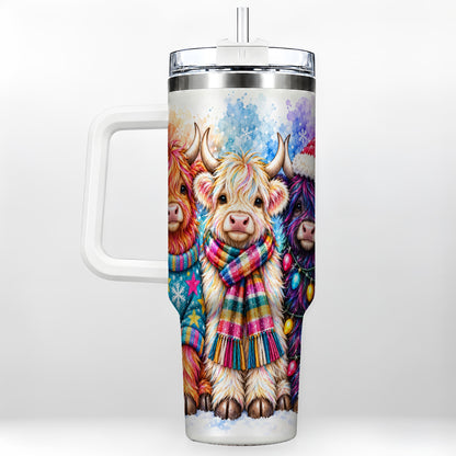 #pl[40oz|White] Colorful Highland Cow 40oz Tumbler with Handle, Christmas Theme