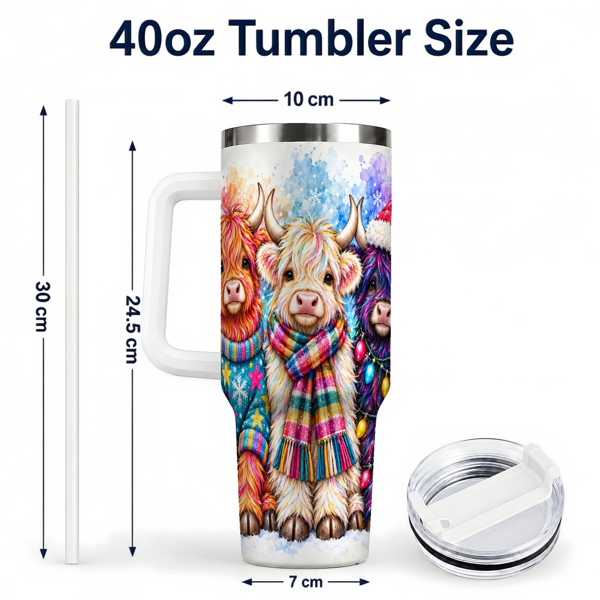 #pl[40oz|White] Colorful Highland Cow 40oz Tumbler with Handle, Christmas Theme