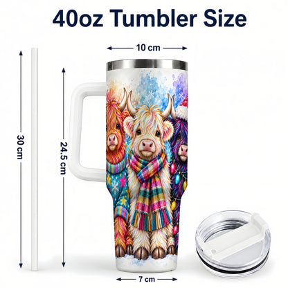 #pl[40oz|White] Colorful Highland Cow 40oz Tumbler with Handle, Christmas Theme
