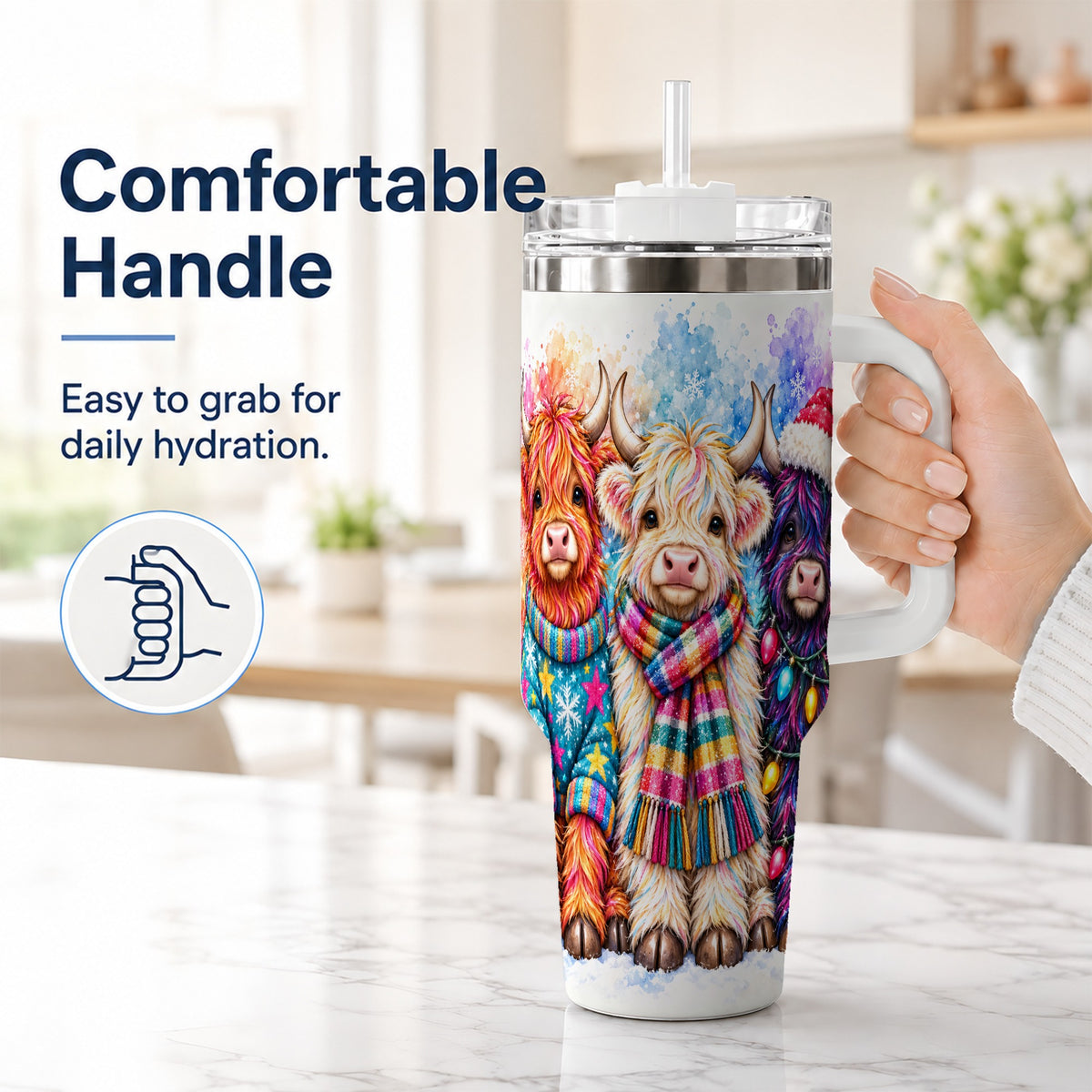 #pl[40oz|White] Colorful Highland Cow 40oz Tumbler with Handle, Christmas Theme