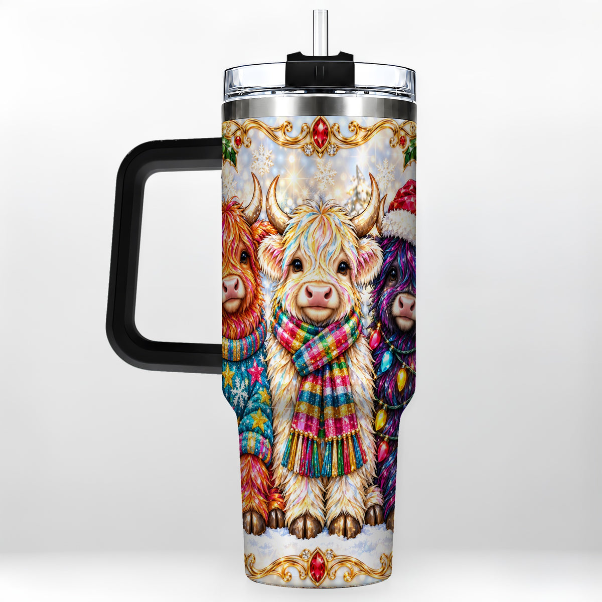 #pl[40oz|Black] Jeweled Highland Cow 40oz Tumbler with Handle, Christmas Trio