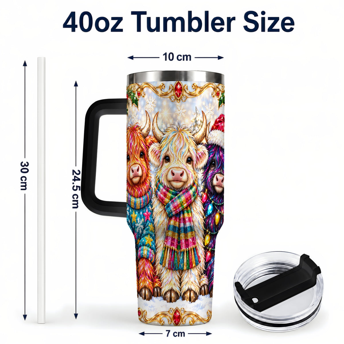 #pl[40oz|Black] Jeweled Highland Cow 40oz Tumbler with Handle, Christmas Trio
