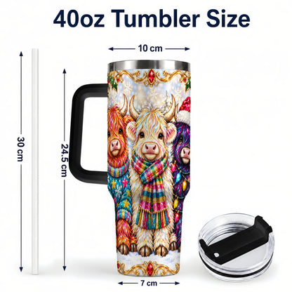#pl[40oz|Black] Jeweled Highland Cow 40oz Tumbler with Handle, Christmas Trio