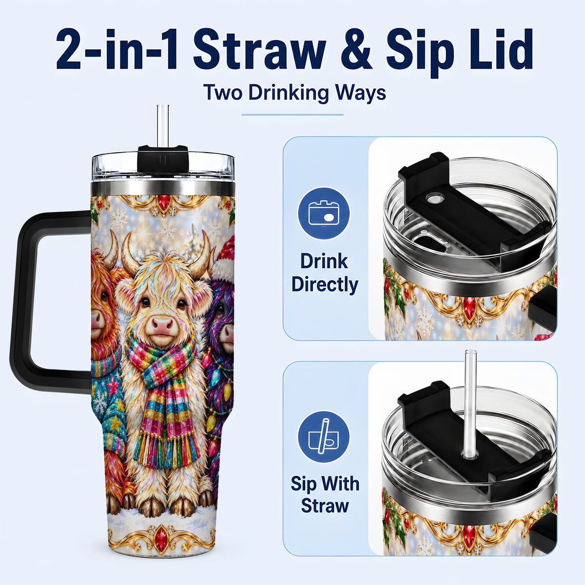 #pl[40oz|Black] Jeweled Highland Cow 40oz Tumbler with Handle, Christmas Trio