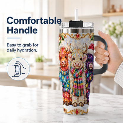 #pl[40oz|Black] Jeweled Highland Cow 40oz Tumbler with Handle, Christmas Trio