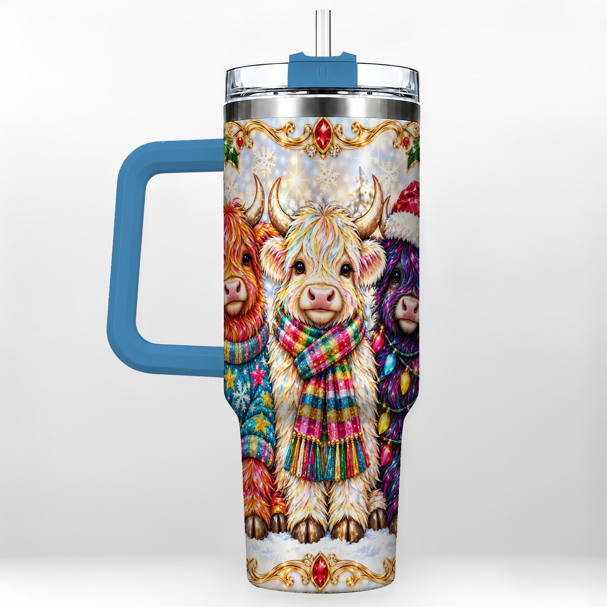 #pl[40oz|Blue] Jeweled Highland Cow 40oz Tumbler with Handle, Christmas Trio