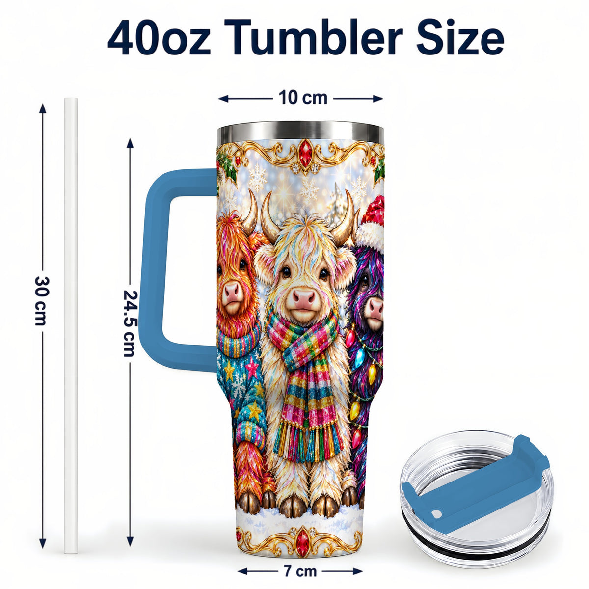 #pl[40oz|Blue] Jeweled Highland Cow 40oz Tumbler with Handle, Christmas Trio
