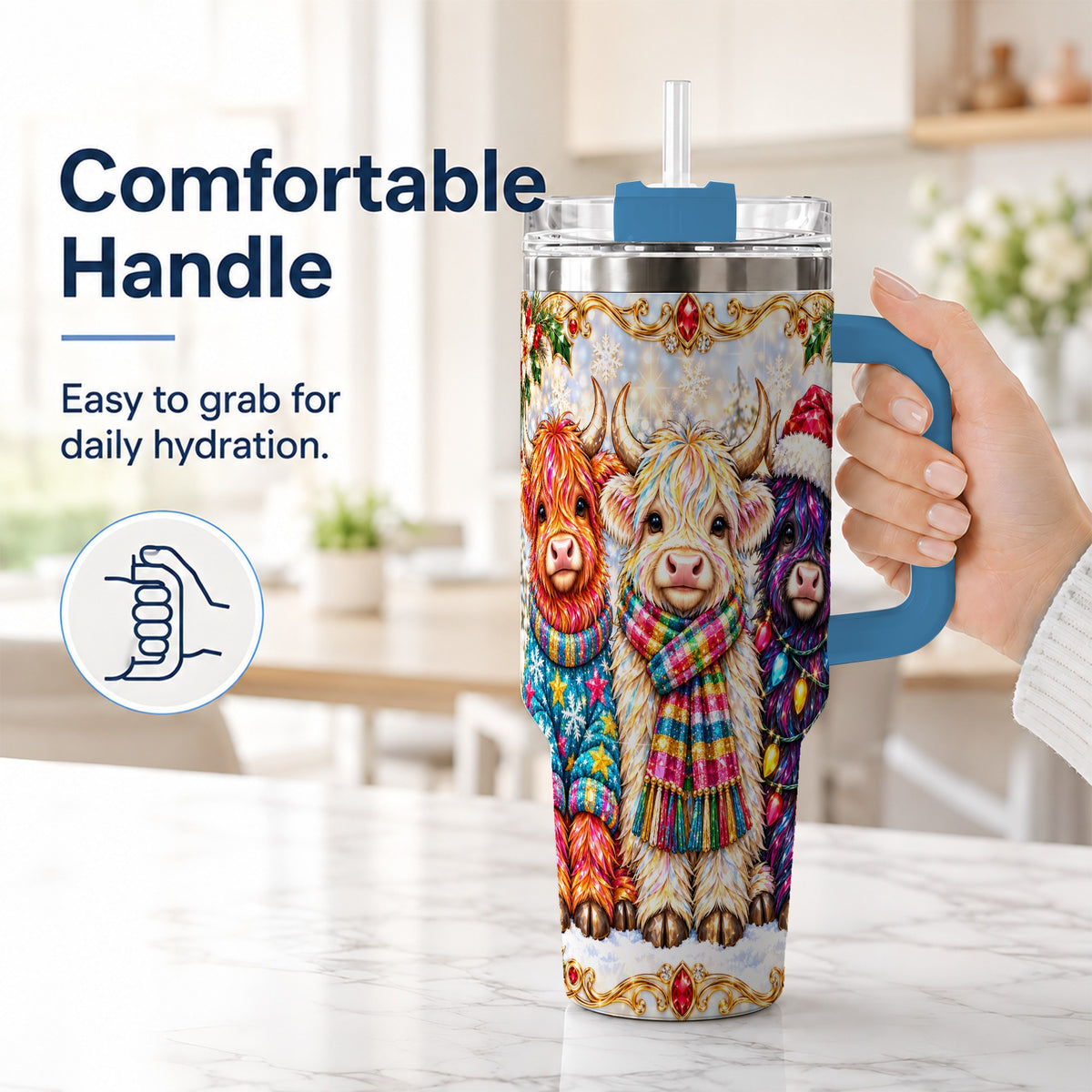#pl[40oz|Blue] Jeweled Highland Cow 40oz Tumbler with Handle, Christmas Trio