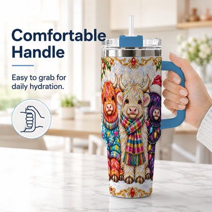 #pl[40oz|Blue] Jeweled Highland Cow 40oz Tumbler with Handle, Christmas Trio
