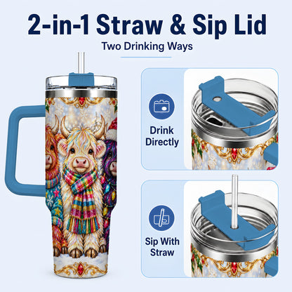 #pl[40oz|Blue] Jeweled Highland Cow 40oz Tumbler with Handle, Christmas Trio