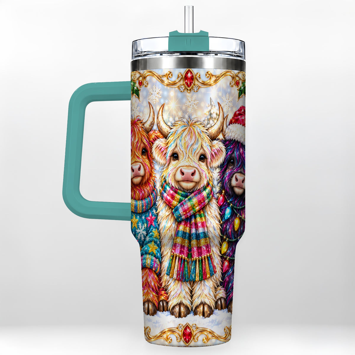 #pl[40oz|Green] Jeweled Highland Cow 40oz Tumbler with Handle, Christmas Trio
