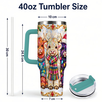 #pl[40oz|Green] Jeweled Highland Cow 40oz Tumbler with Handle, Christmas Trio