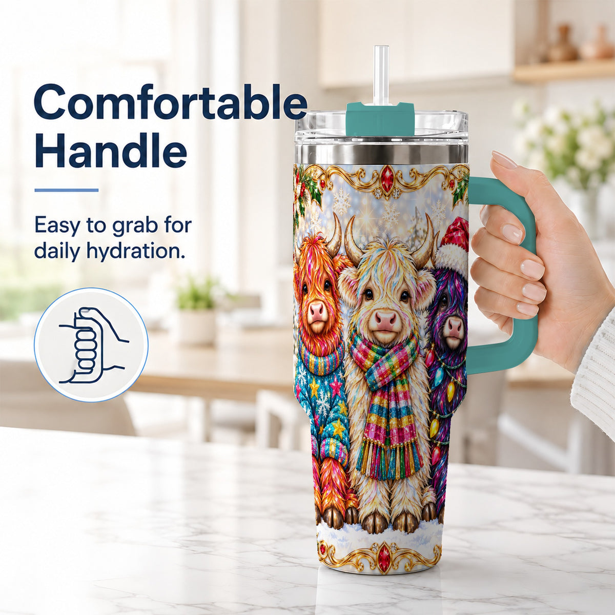 #pl[40oz|Green] Jeweled Highland Cow 40oz Tumbler with Handle, Christmas Trio