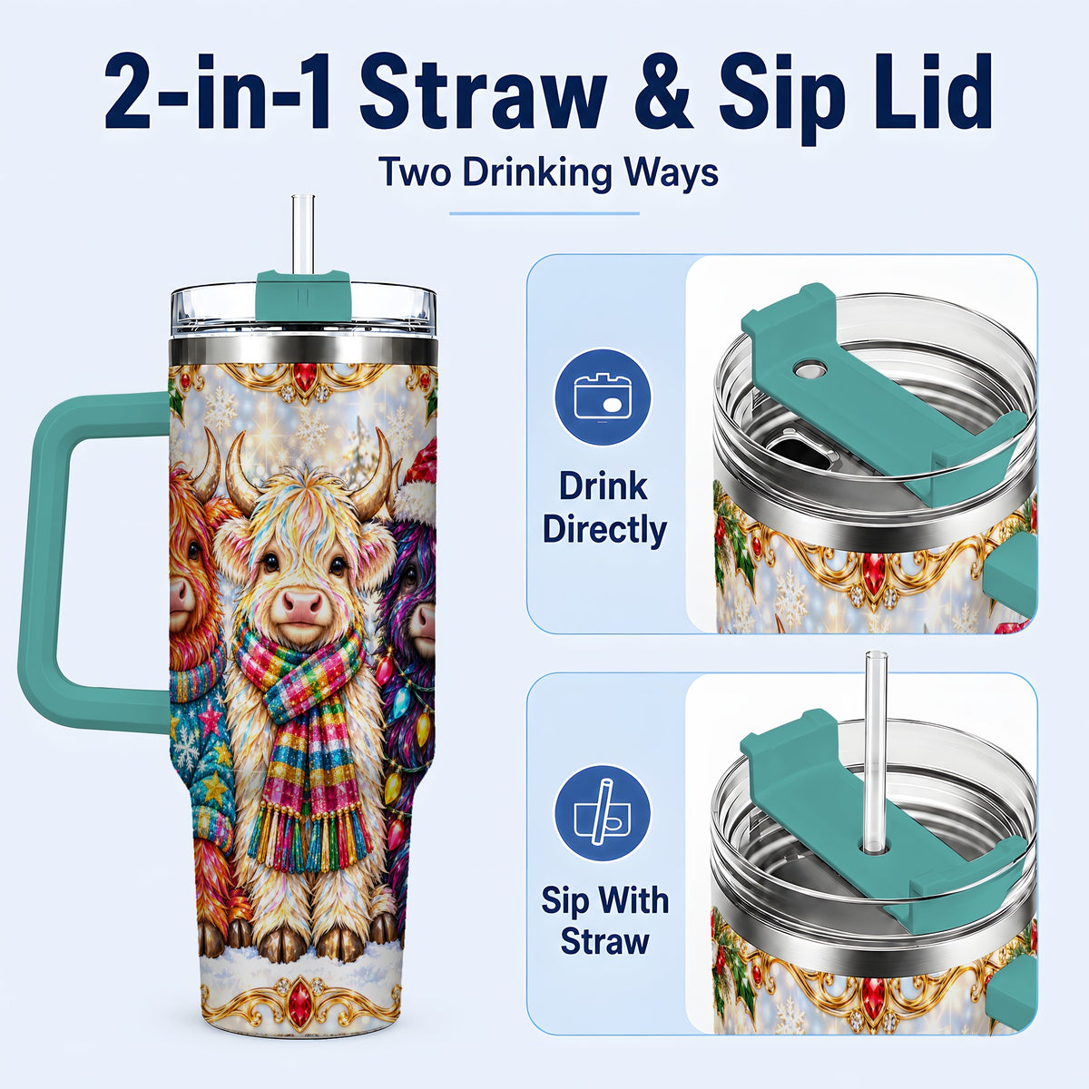 #pl[40oz|Green] Jeweled Highland Cow 40oz Tumbler with Handle, Christmas Trio