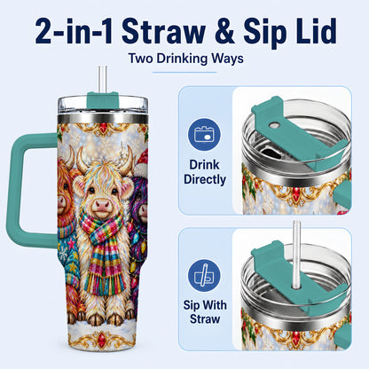 #pl[40oz|Green] Jeweled Highland Cow 40oz Tumbler with Handle, Christmas Trio
