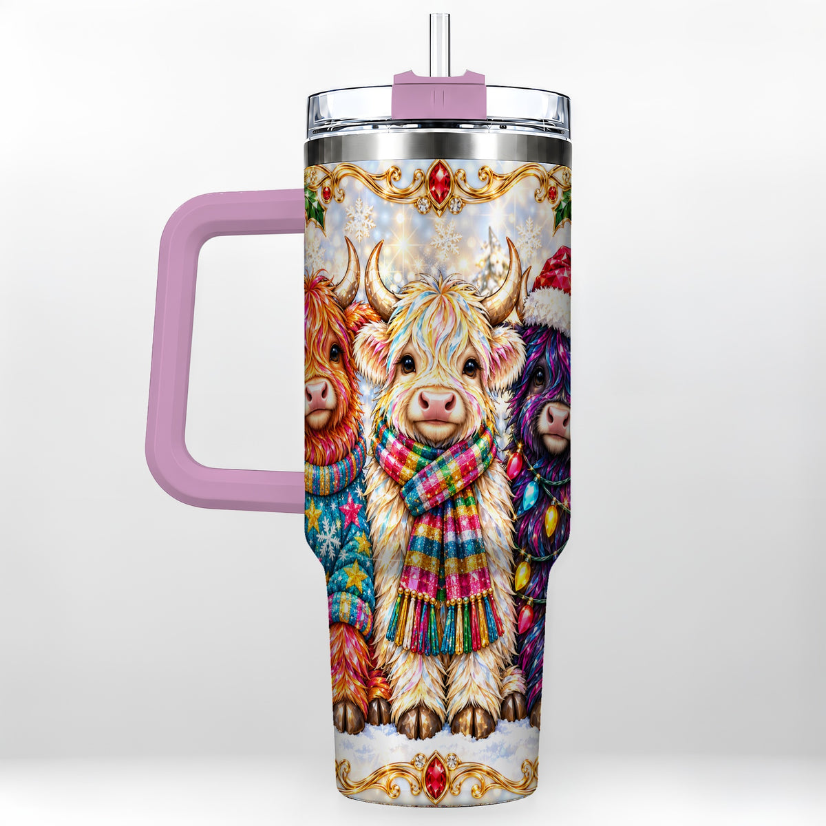 #pl[40oz|Pink] Jeweled Highland Cow 40oz Tumbler with Handle, Christmas Trio