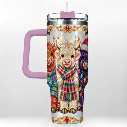 #pl[40oz|Pink] Jeweled Highland Cow 40oz Tumbler with Handle, Christmas Trio