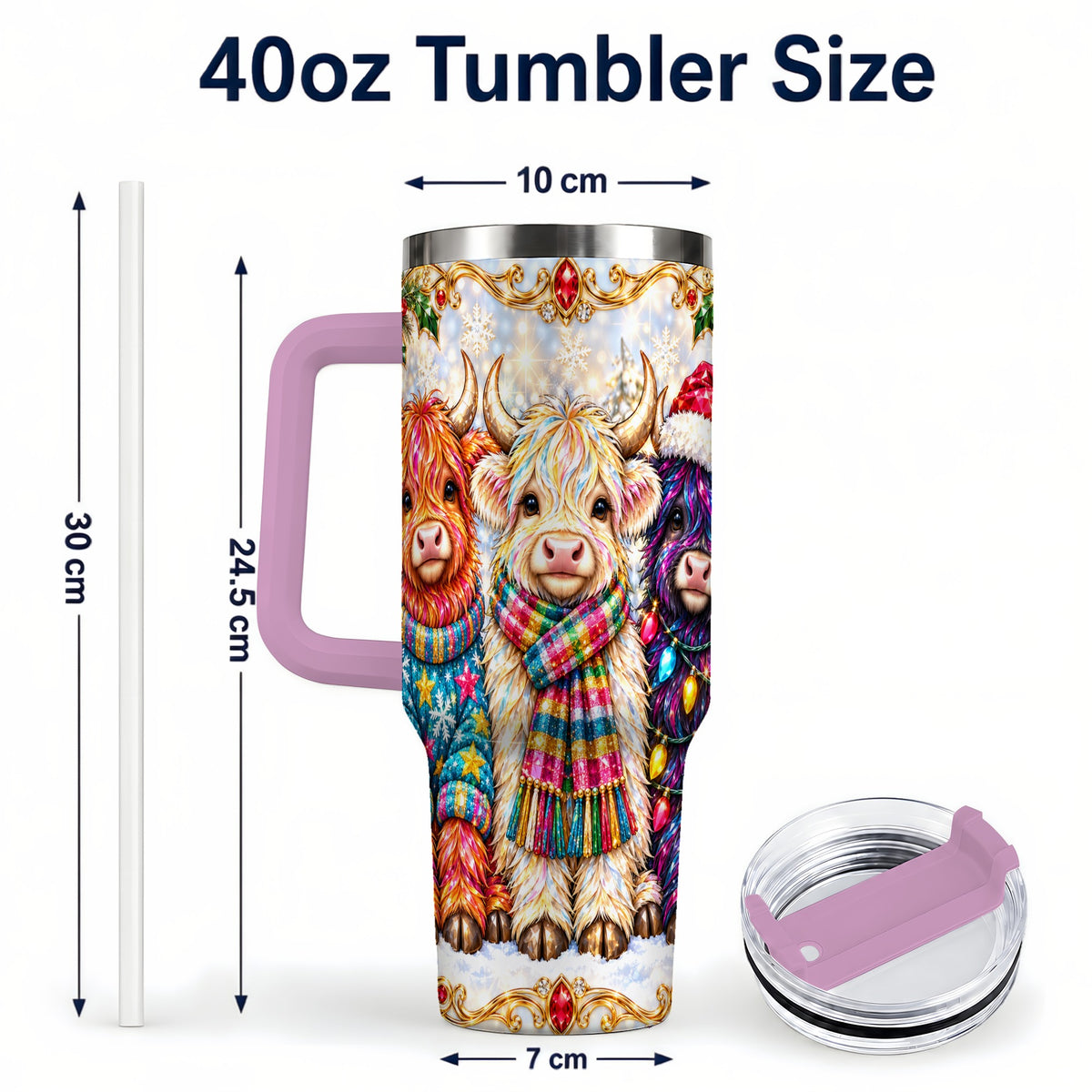 #pl[40oz|Pink] Jeweled Highland Cow 40oz Tumbler with Handle, Christmas Trio