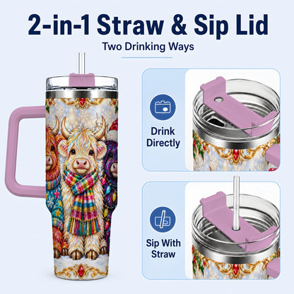 #pl[40oz|Pink] Jeweled Highland Cow 40oz Tumbler with Handle, Christmas Trio
