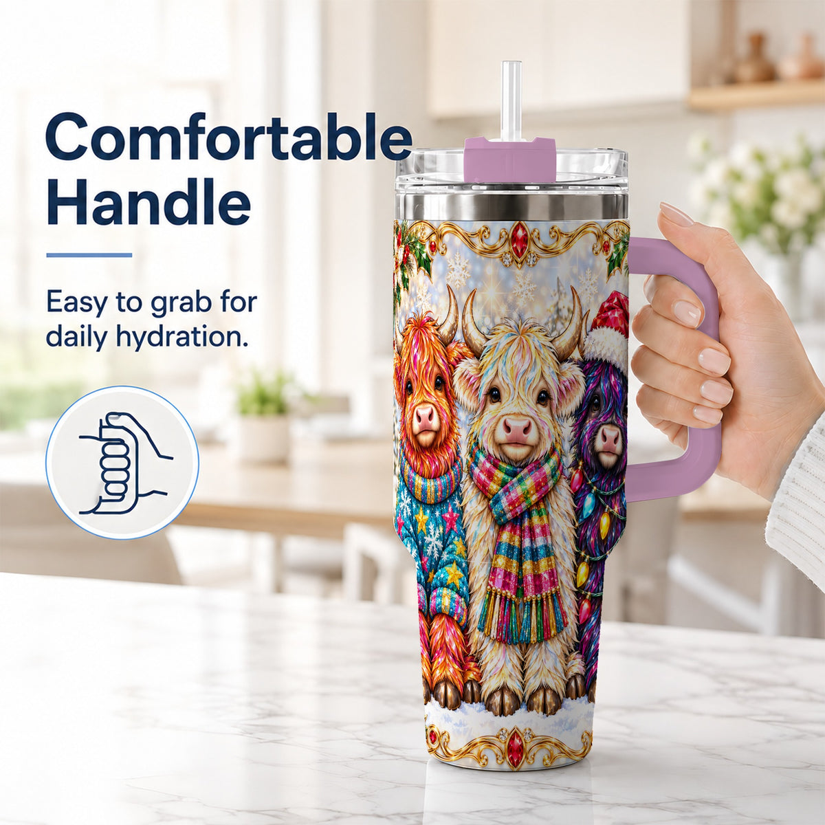 #pl[40oz|Pink] Jeweled Highland Cow 40oz Tumbler with Handle, Christmas Trio