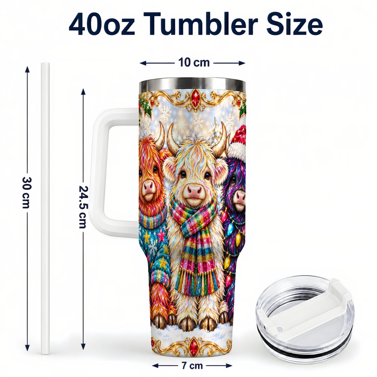 #pl[40oz|White] Jeweled Highland Cow 40oz Tumbler with Handle, Christmas Trio