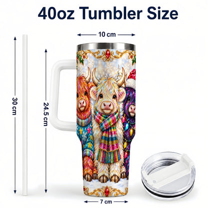 #pl[40oz|White] Jeweled Highland Cow 40oz Tumbler with Handle, Christmas Trio
