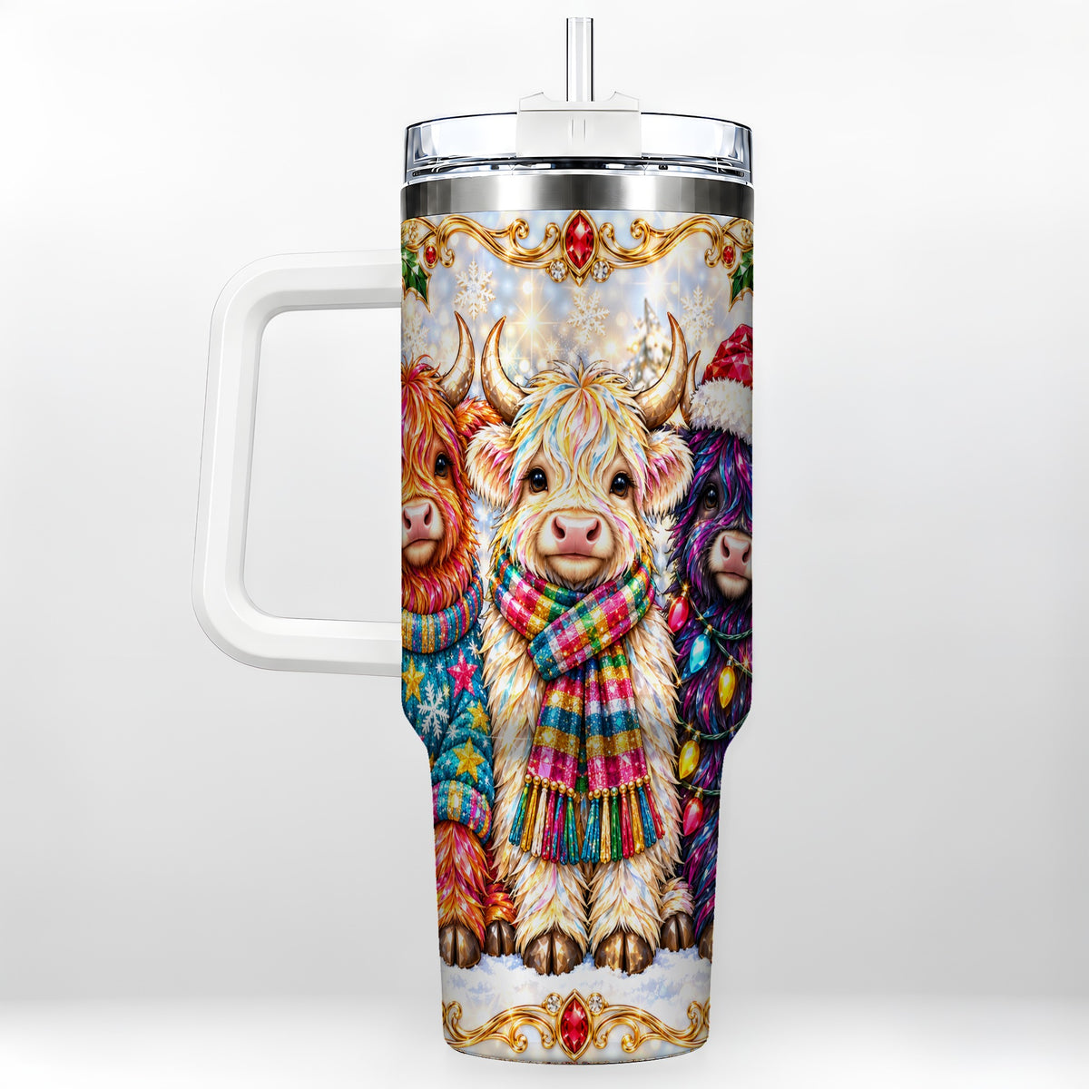 #pl[40oz|White] Jeweled Highland Cow 40oz Tumbler with Handle, Christmas Trio