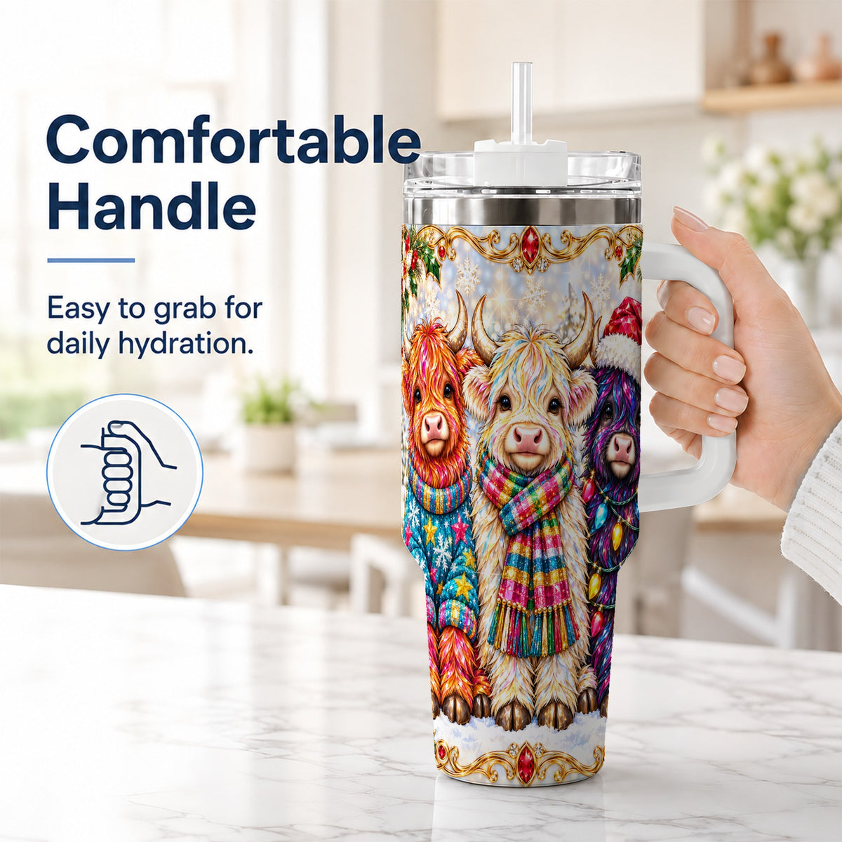 #pl[40oz|White] Jeweled Highland Cow 40oz Tumbler with Handle, Christmas Trio