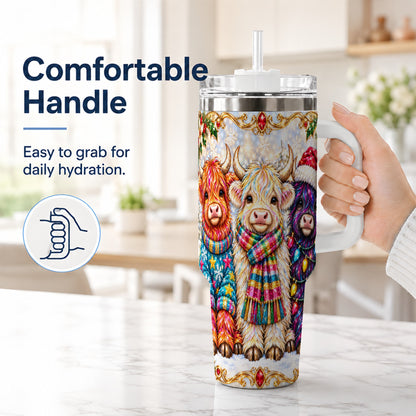 #pl[40oz|White] Jeweled Highland Cow 40oz Tumbler with Handle, Christmas Trio