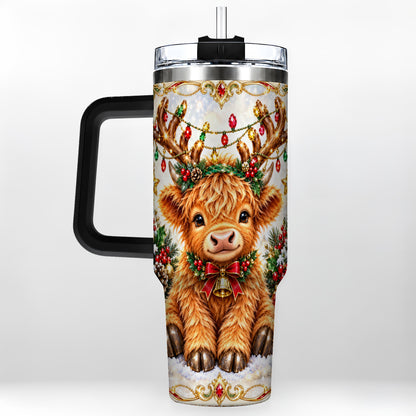 #pl[40oz|Black] Christmas Highland Cow 40oz Tumbler with Handle, Reindeer Theme