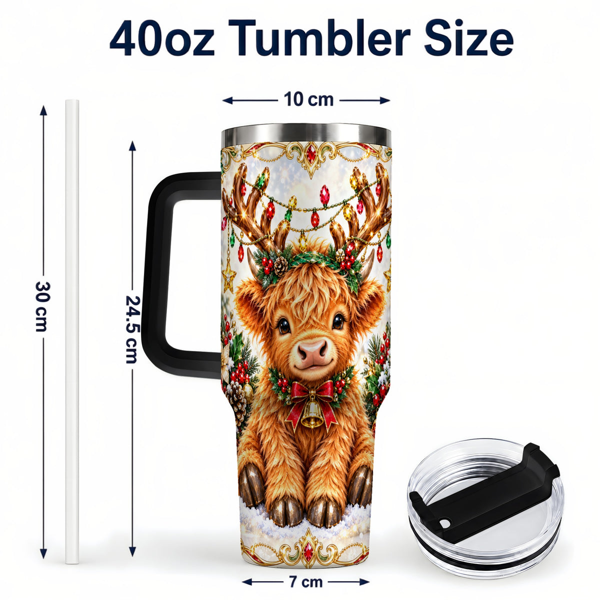 #pl[40oz|Black] Christmas Highland Cow 40oz Tumbler with Handle, Reindeer Theme