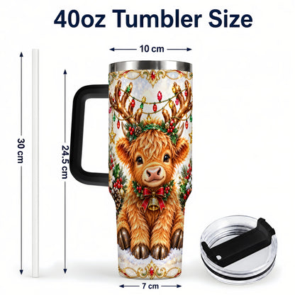 #pl[40oz|Black] Christmas Highland Cow 40oz Tumbler with Handle, Reindeer Theme