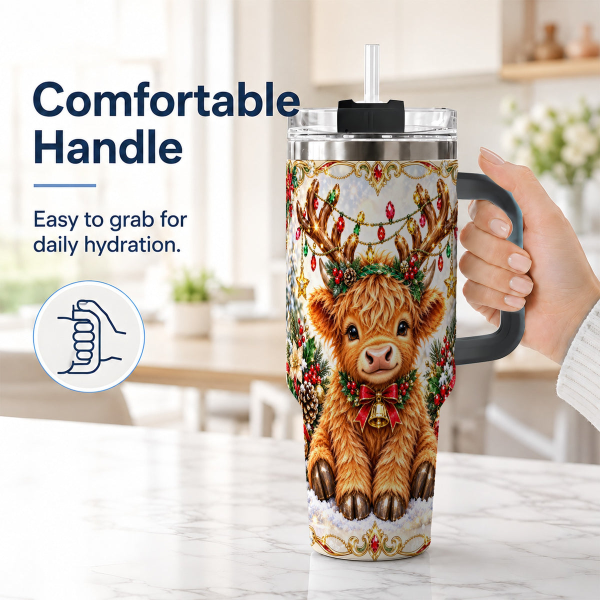 #pl[40oz|Black] Christmas Highland Cow 40oz Tumbler with Handle, Reindeer Theme