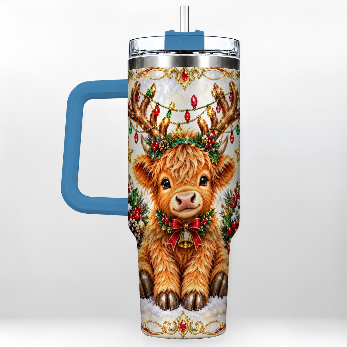 #pl[40oz|Blue] Christmas Highland Cow 40oz Tumbler with Handle, Reindeer Theme