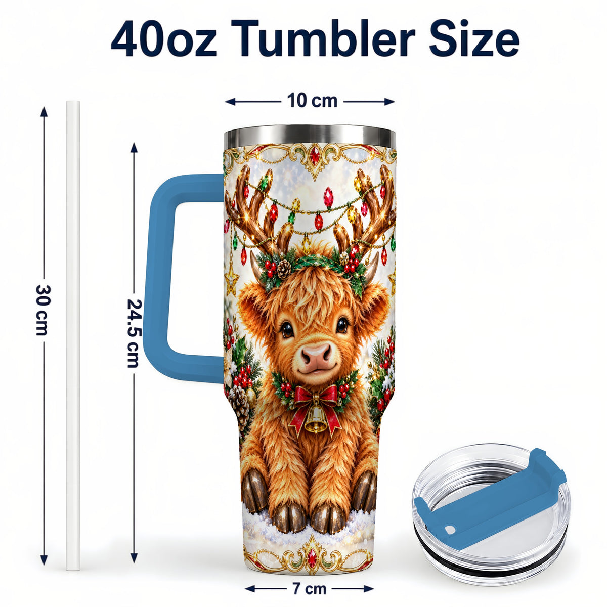 #pl[40oz|Blue] Christmas Highland Cow 40oz Tumbler with Handle, Reindeer Theme