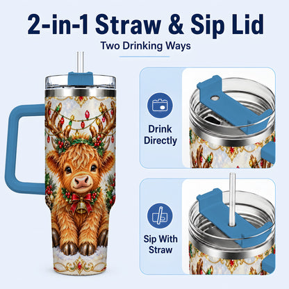 #pl[40oz|Blue] Christmas Highland Cow 40oz Tumbler with Handle, Reindeer Theme