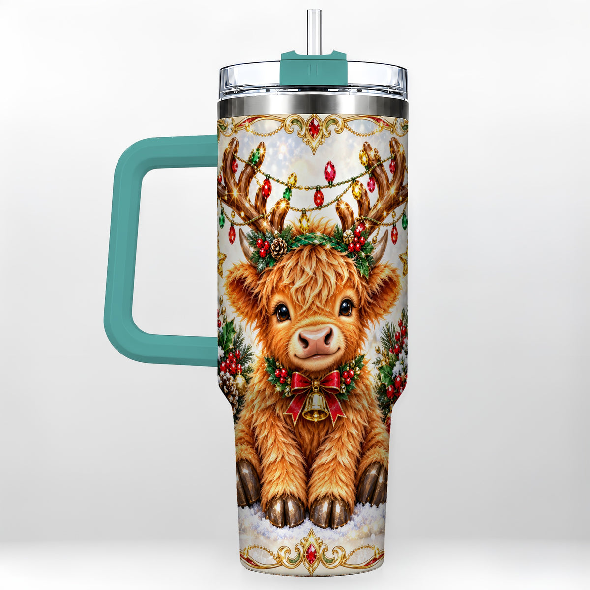 #pl[40oz|Green] Christmas Highland Cow 40oz Tumbler with Handle, Reindeer Theme