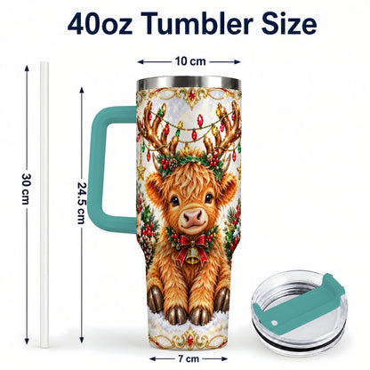#pl[40oz|Green] Christmas Highland Cow 40oz Tumbler with Handle, Reindeer Theme