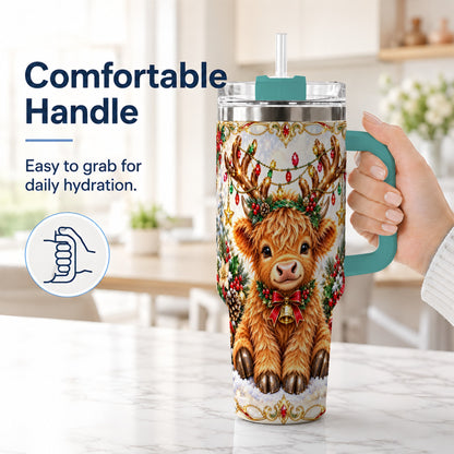 #pl[40oz|Green] Christmas Highland Cow 40oz Tumbler with Handle, Reindeer Theme